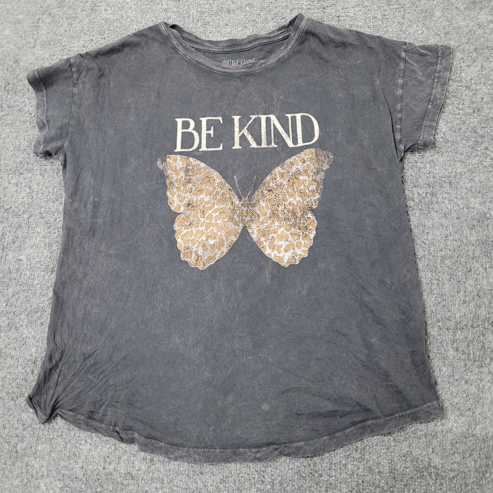 Vintage Canvas T-Shirt Womens Medium Grey Acid Wash Butterfly Graphic Be Kind